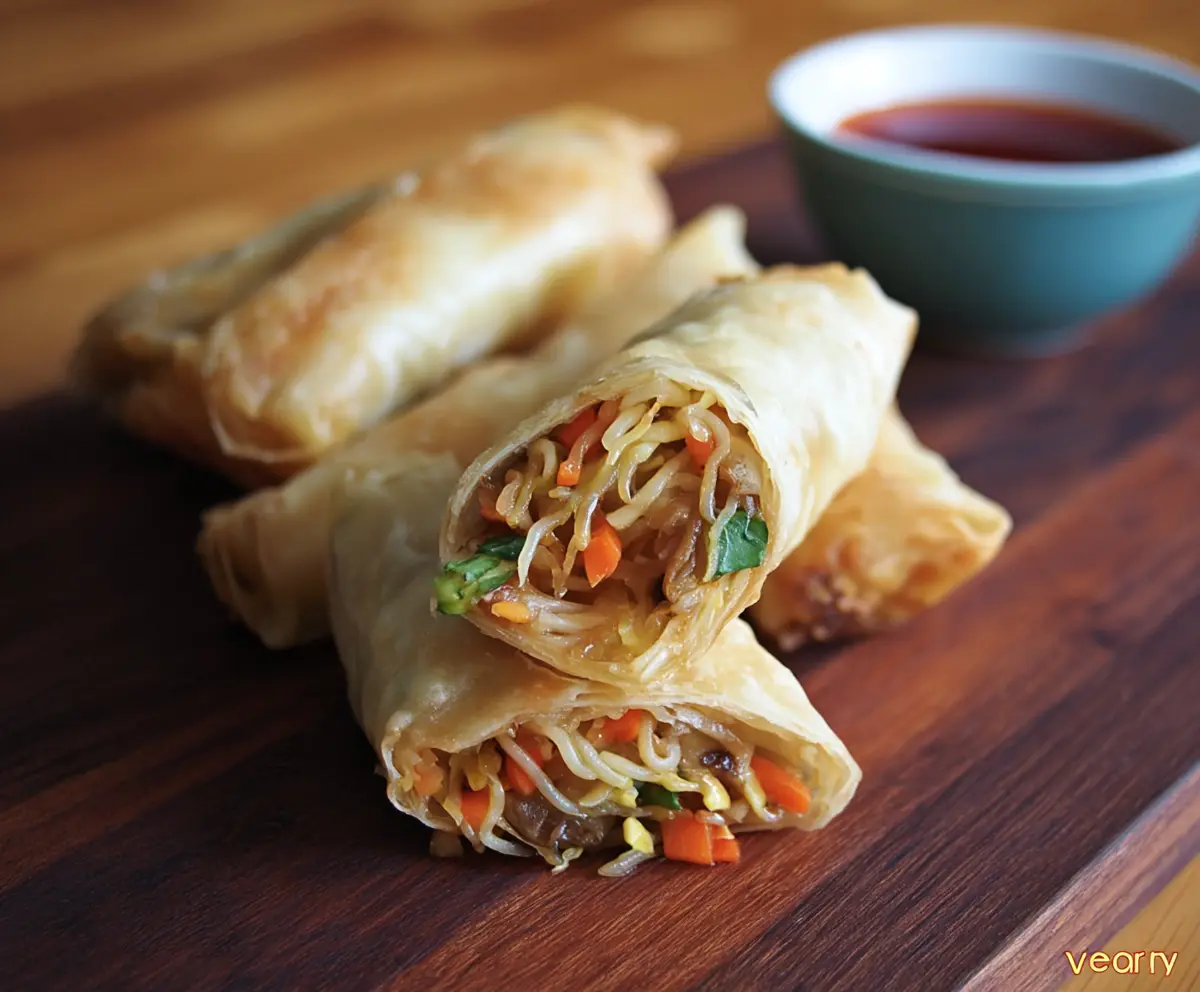 Delicious Lo Mein Spring Rolls filled with savory noodles and fresh vegetables, perfect for a light appetizer.