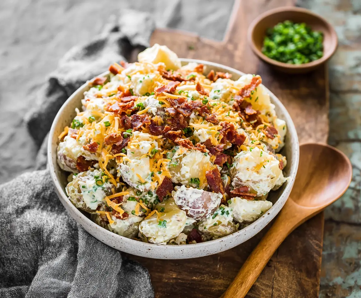 Loaded potato salad with bacon, cheese, and green onions, perfect for summer gatherings