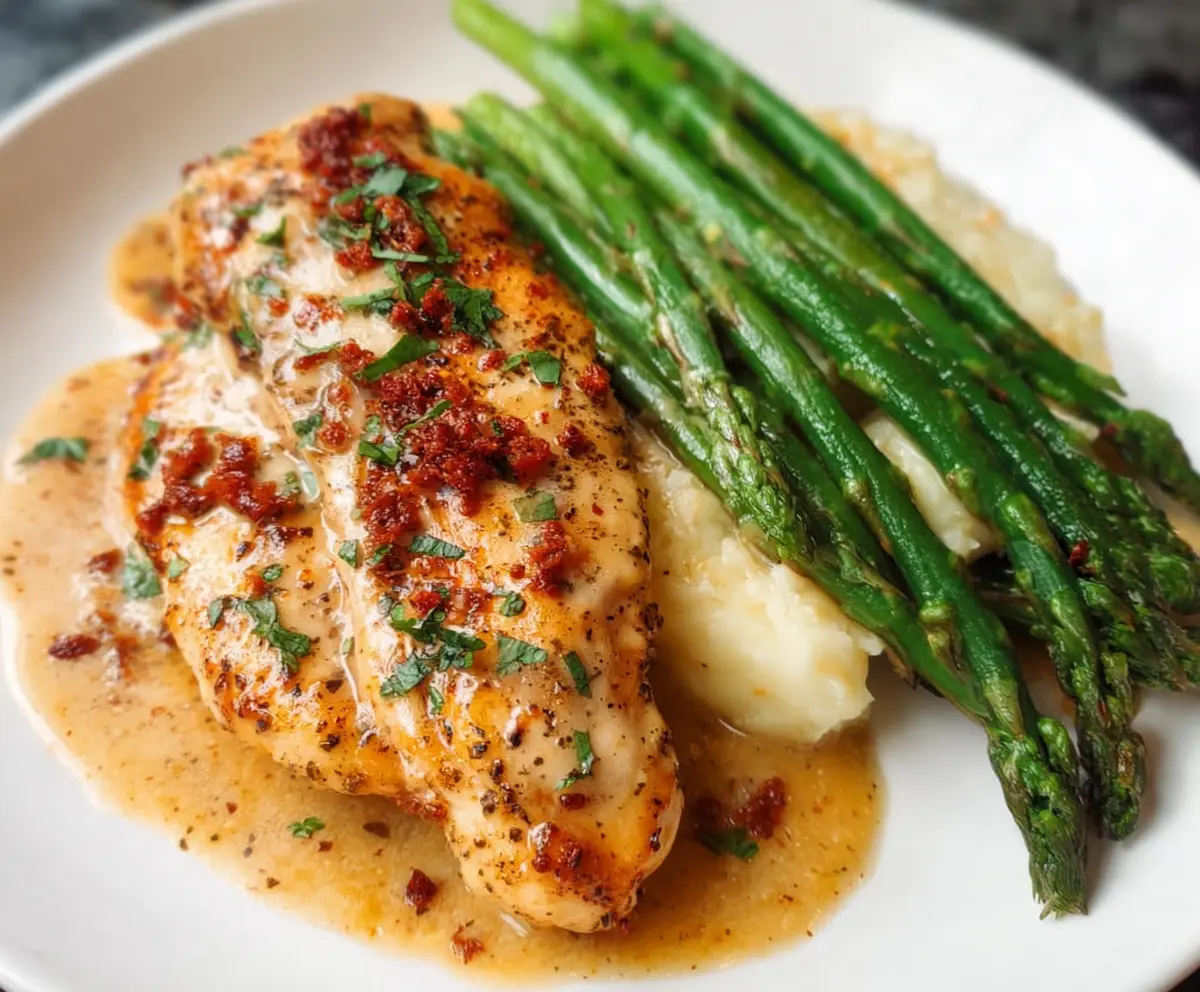 Delicious Marry Me Chicken served with fresh asparagus on a rustic plate, showcasing a creamy and flavorful dish perfect for dinner.