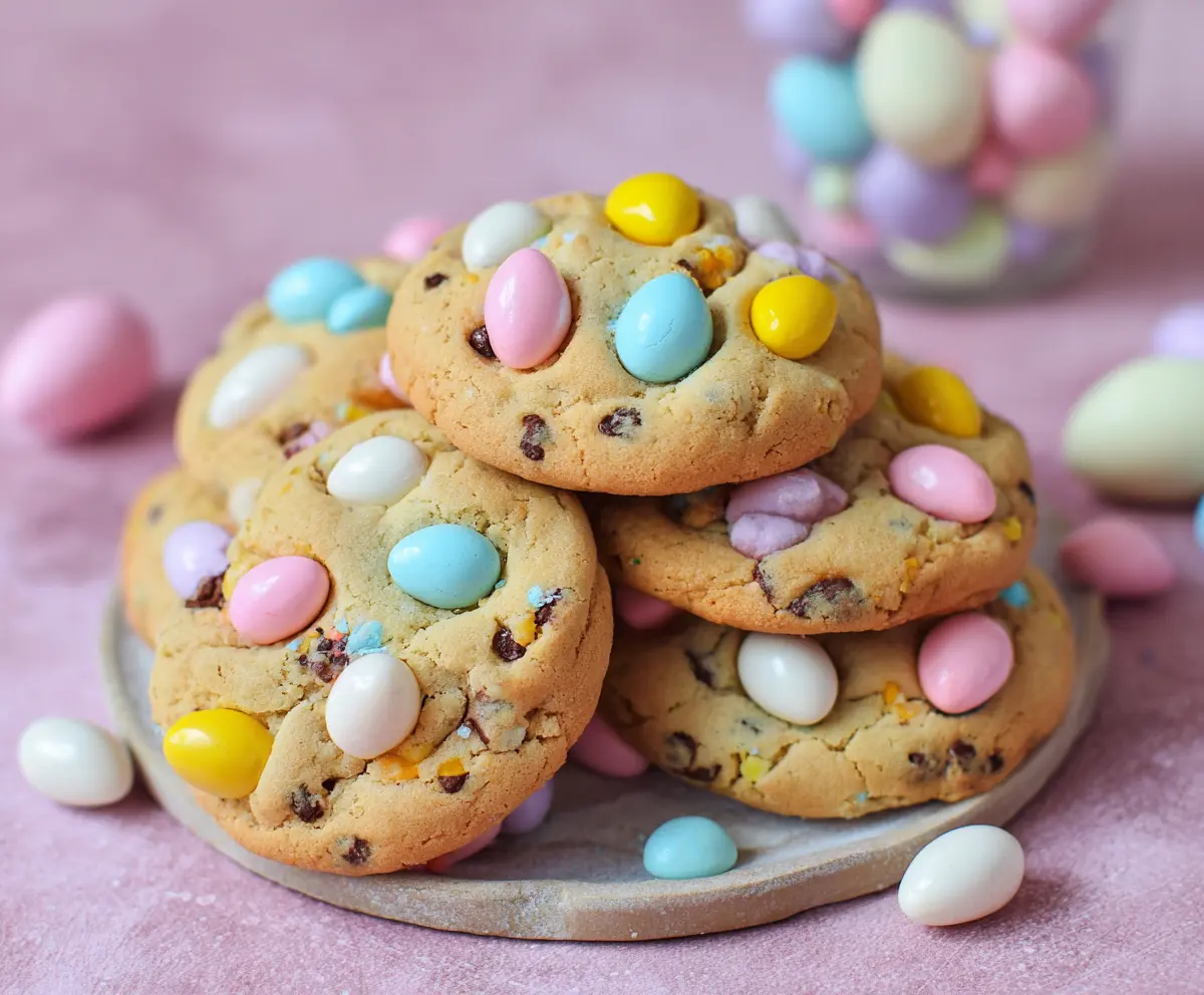 Delicious mini egg cookies with colorful chocolate candies on top, perfect for Easter or holidays.