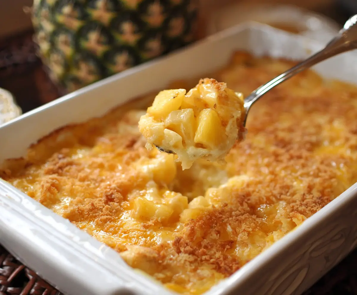 Delicious Pineapple Cheese Casserole served in a baking dish, showcasing a golden bubbly cheesy topping with pineapple chunks.
