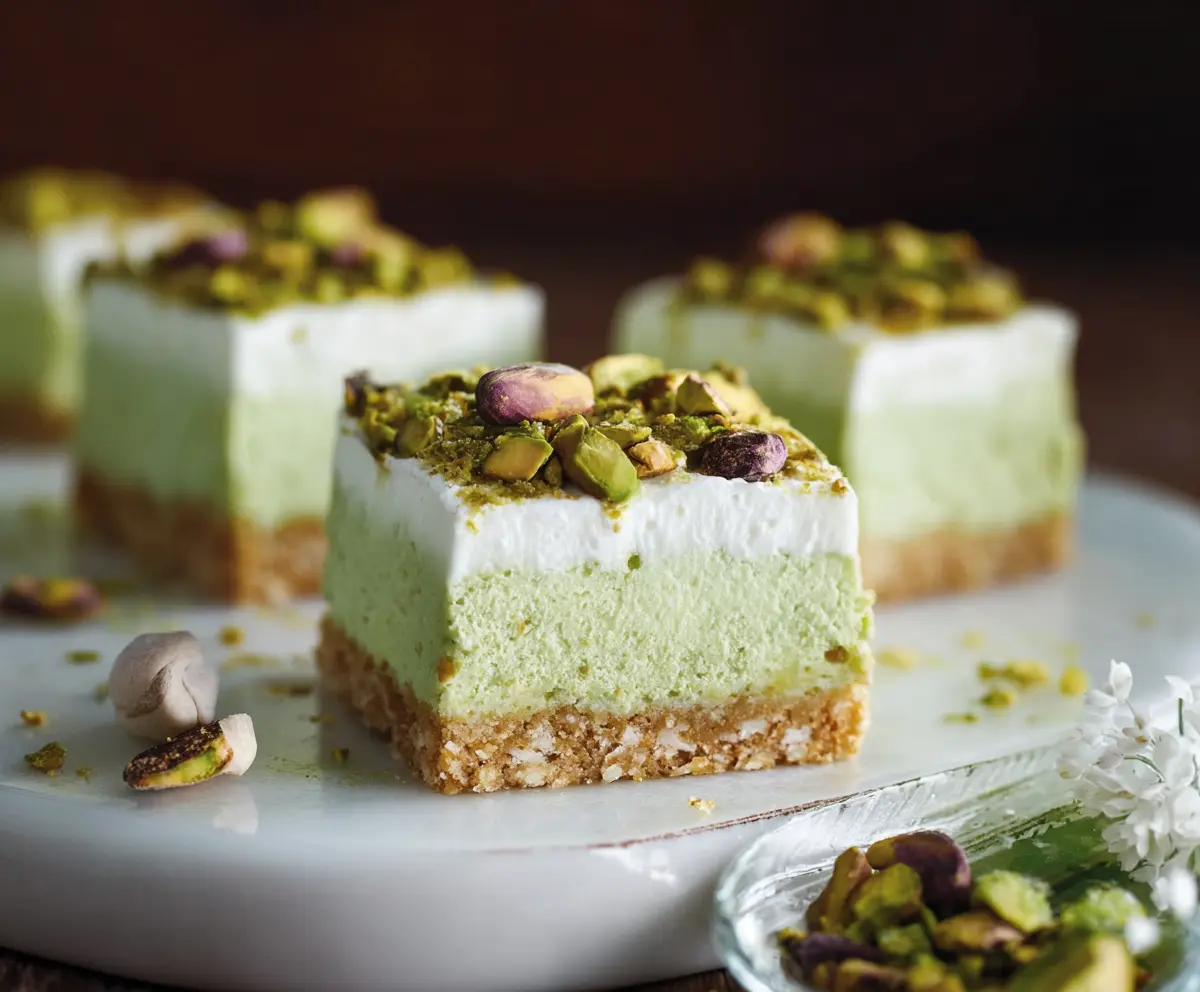 Delicious pistachio cream bars with a creamy filling and a crunchy nut topping.