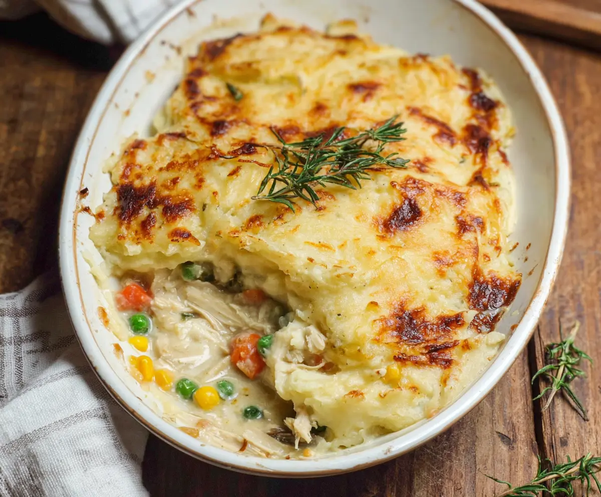 Delicious rotisserie chicken shepherd's pie topped with golden mashed potatoes.