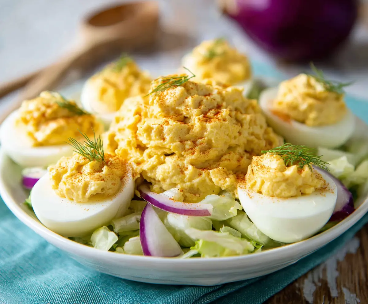 Salad deviled eggs garnished with fresh herbs on a white plate