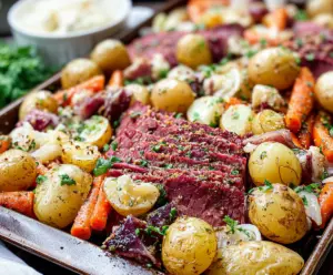 Delicious sheet pan corned beef with crispy edges and tender meat, served with vegetables.