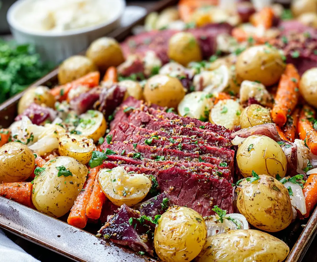 Delicious sheet pan corned beef with crispy edges and tender meat, served with vegetables.