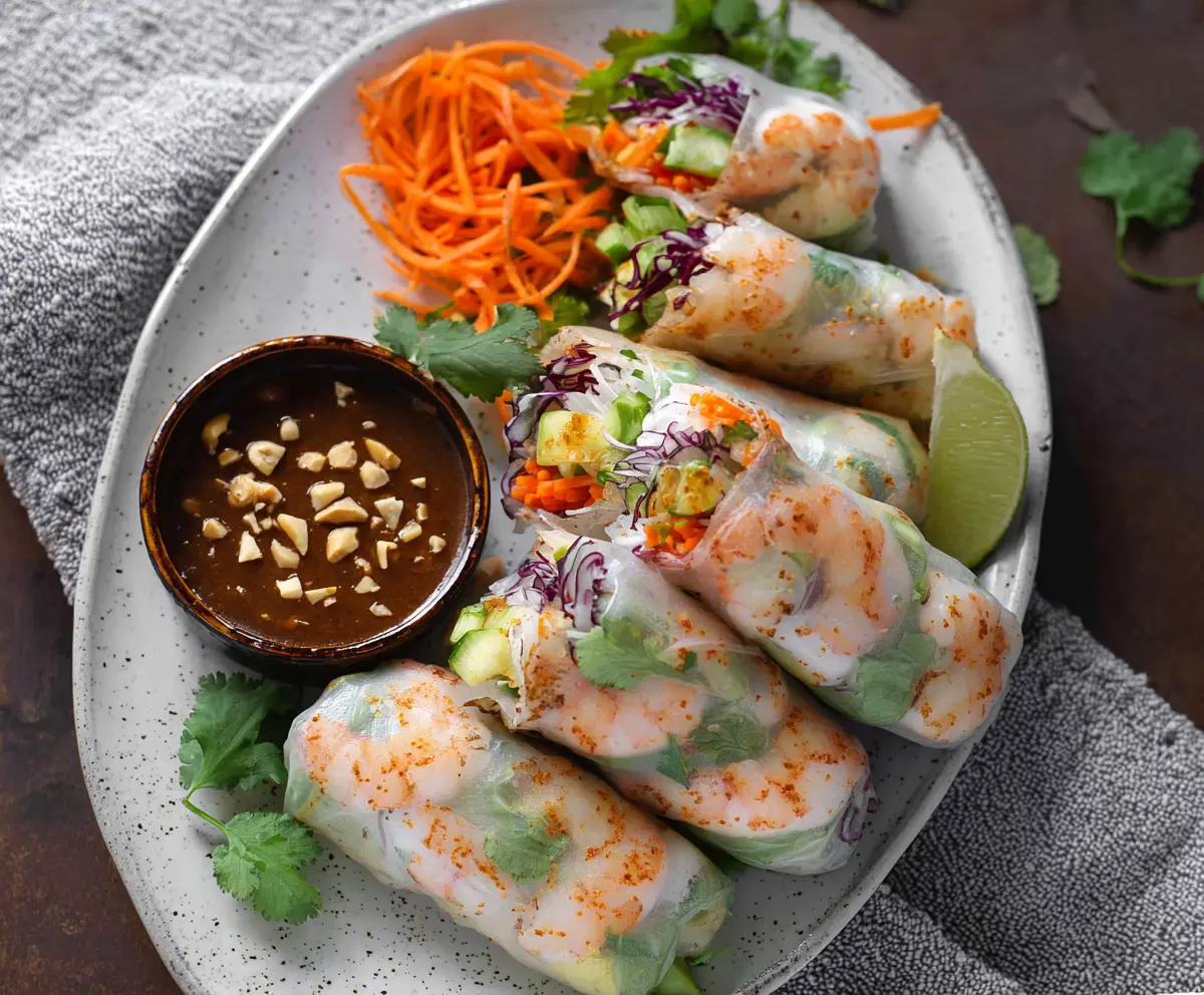 Delicious shrimp rice paper rolls with fresh vegetables and herbs on a white plate.
