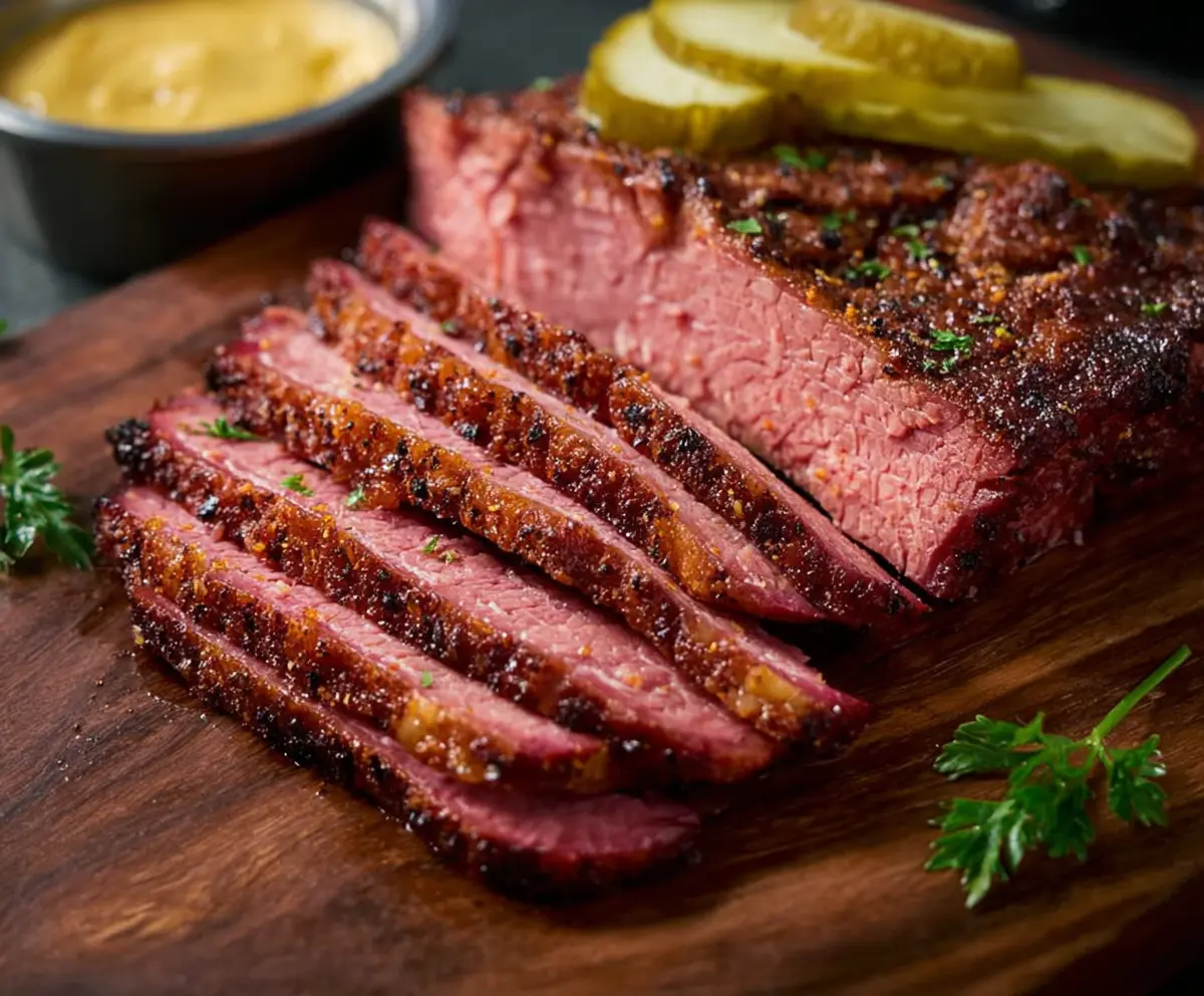 Delicious smoked corned beef served with fresh vegetables, perfect for a hearty meal.
