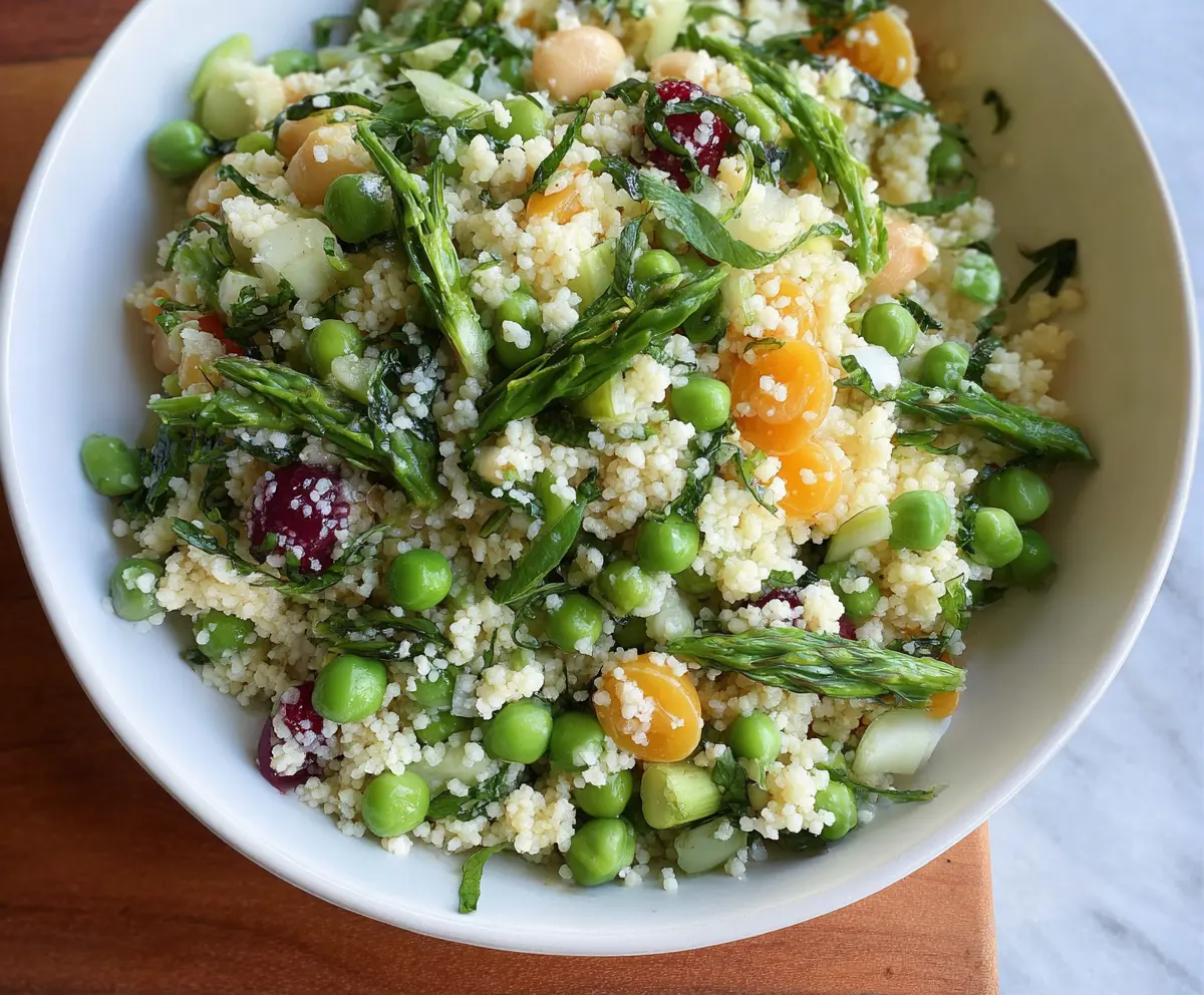 Colorful spring couscous salad with fresh vegetables and herbs in a glass bowl.