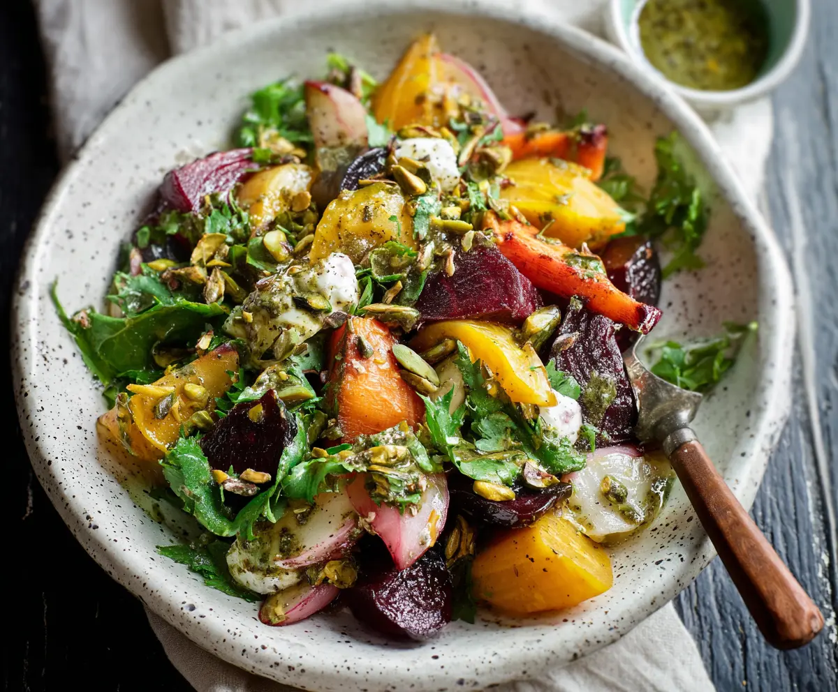 Fresh spring root vegetable salad topped with crunchy pistachio vinaigrette for a healthy meal.