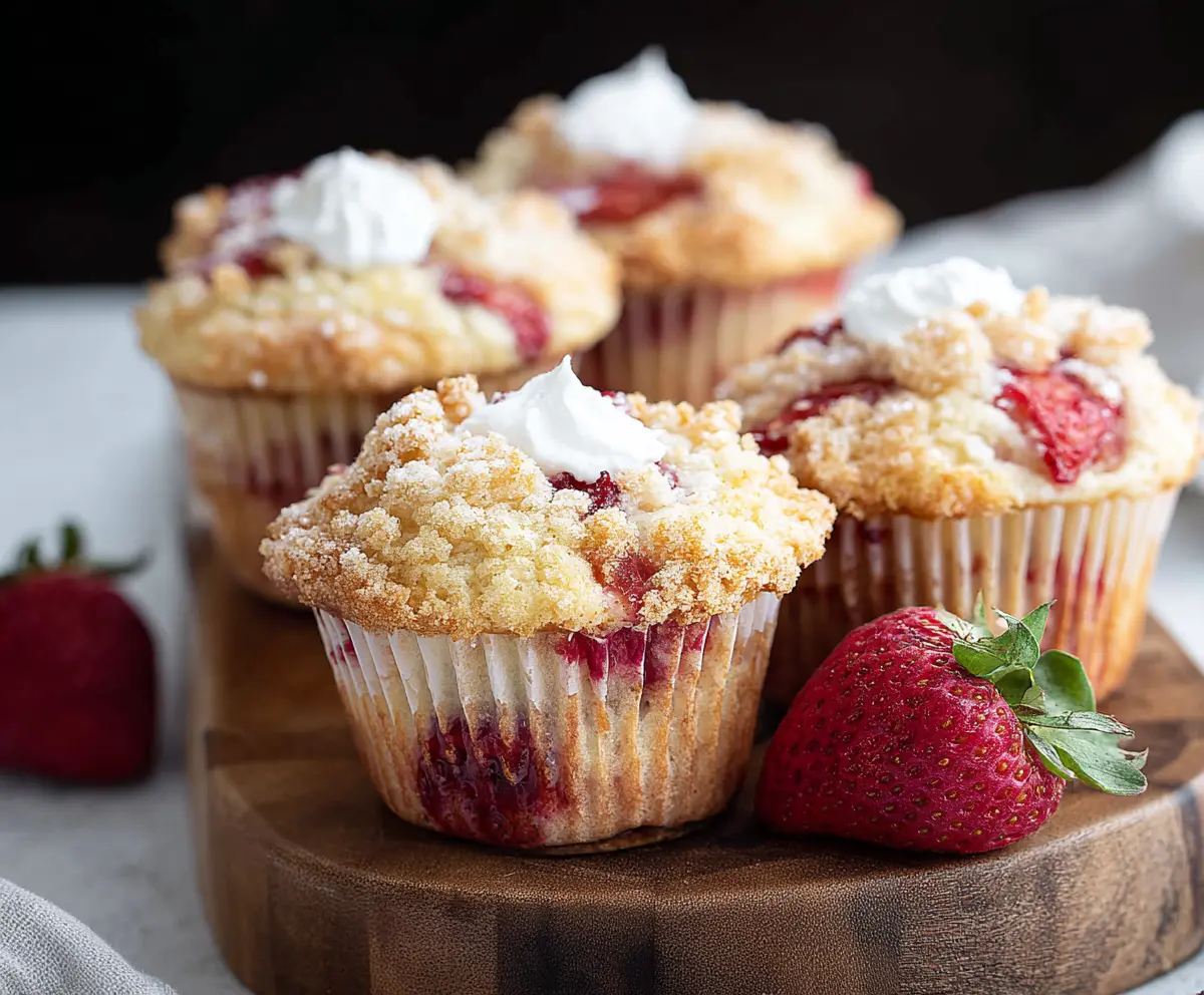 Delicious strawberry shortcake muffins with fresh strawberries and fluffy cake topping.