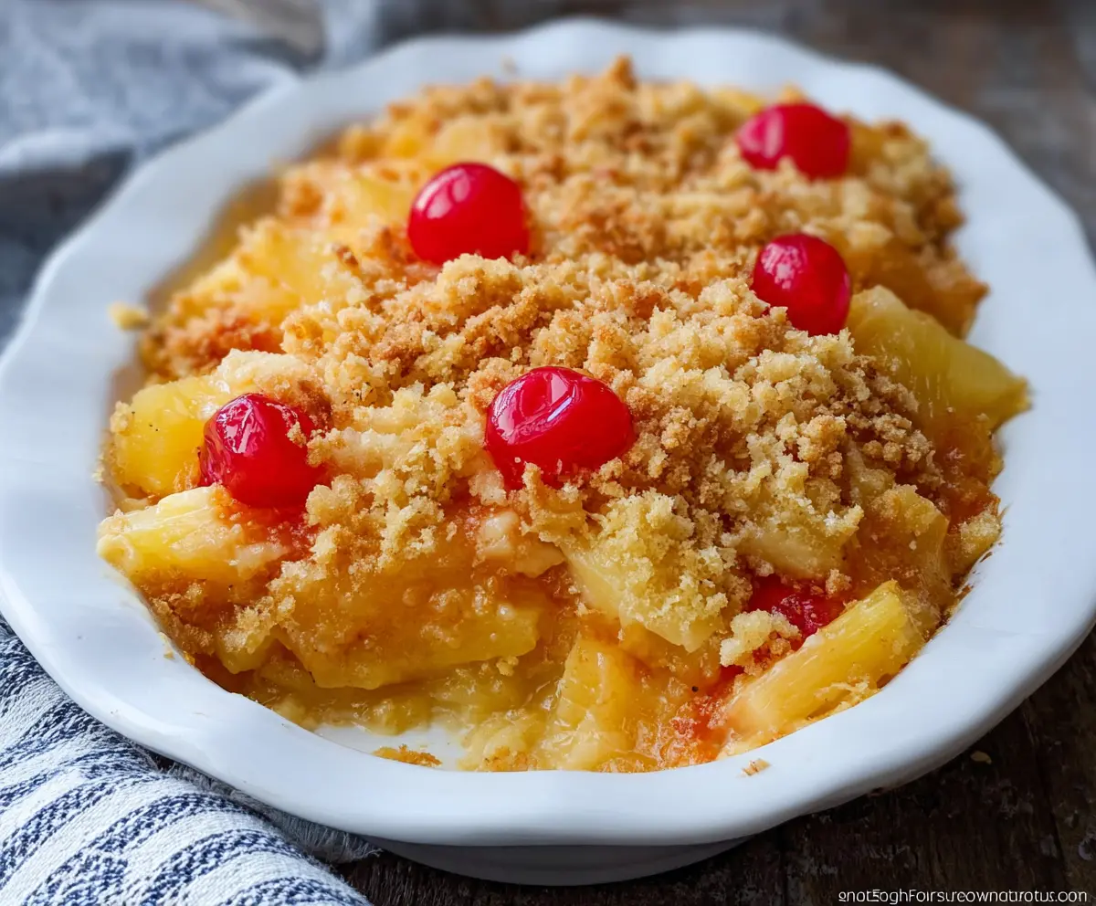 Delicious sweet and sour pineapple casserole in a baking dish, garnished with fresh herbs.