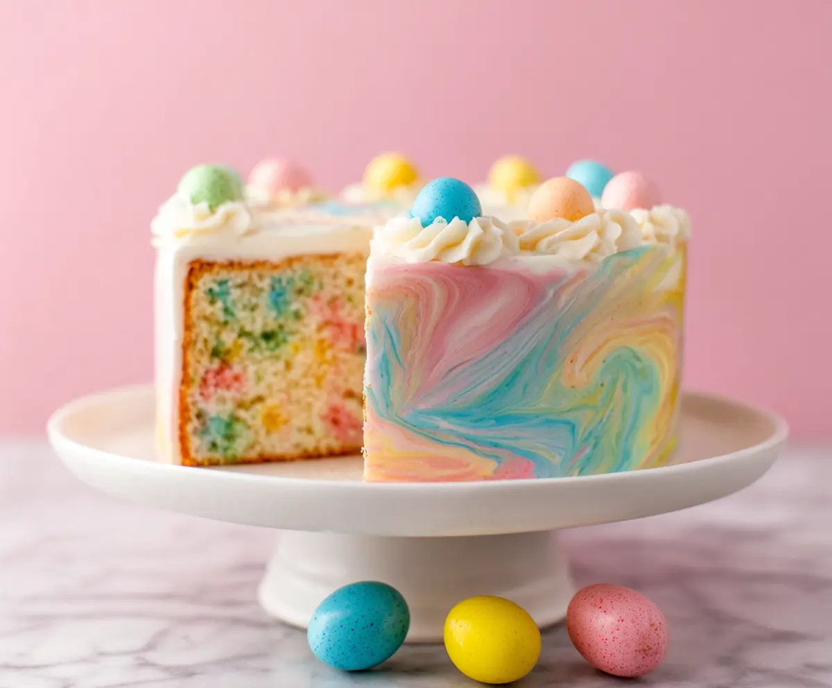 Colorful swirled Easter cake topped with icing, perfect for festive celebrations.
