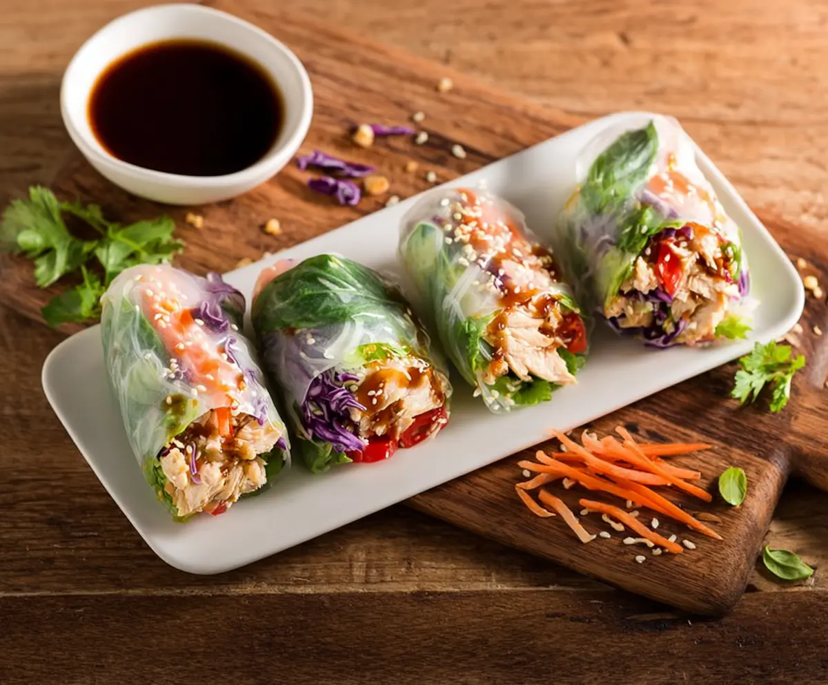 Delicious Teriyaki Chicken Rice Paper Rolls on a white platter, garnished with fresh herbs.