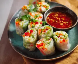Fresh Thai vegetable spring rolls filled with colorful vegetables and herbs, served with a dipping sauce.