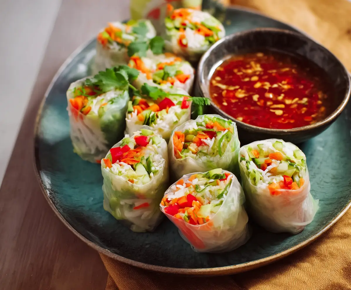 Fresh Thai vegetable spring rolls filled with colorful vegetables and herbs, served with a dipping sauce.