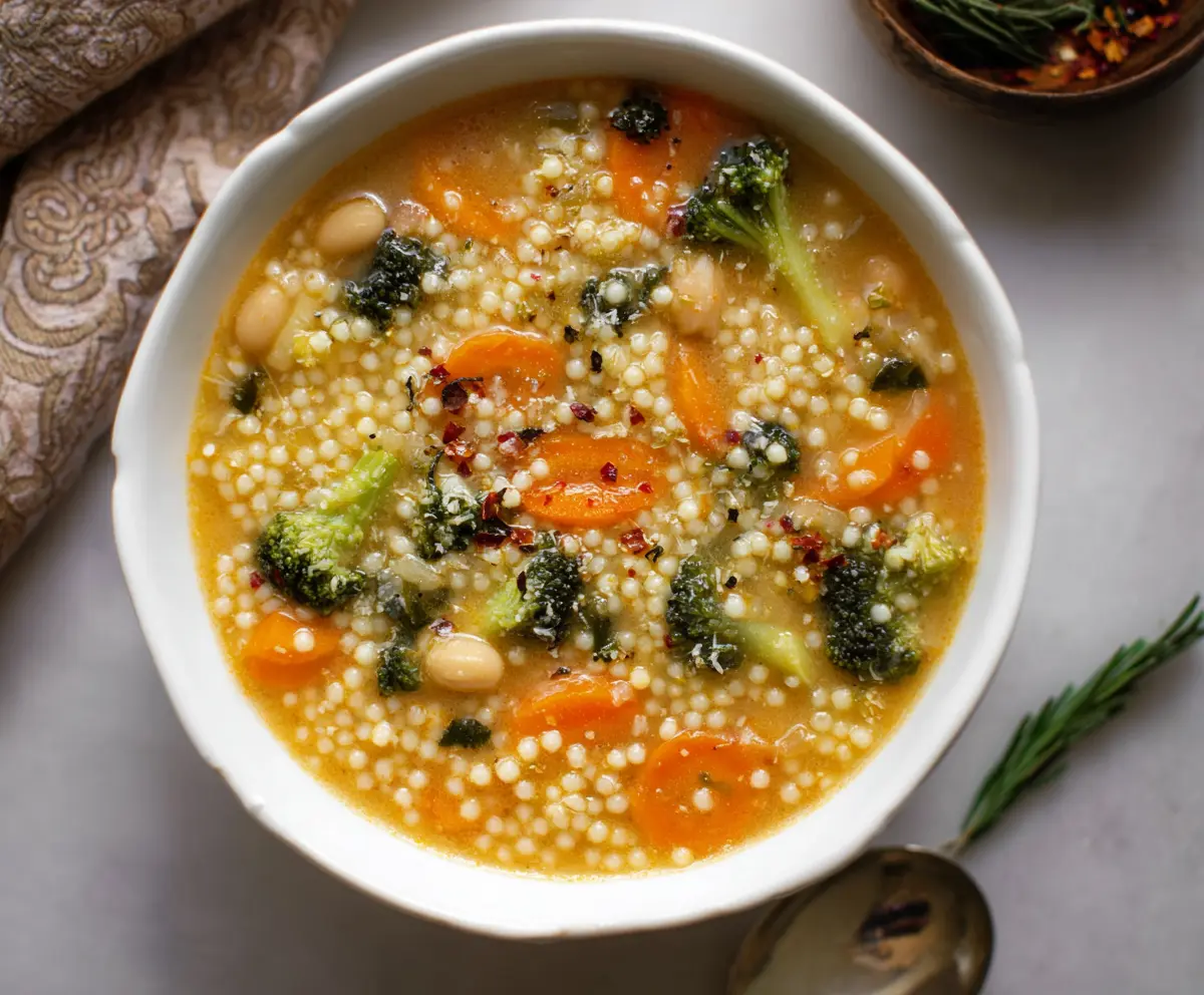 A bowl of broccoli and carrot couscous soup with fresh herbs for a healthy, colorful meal.