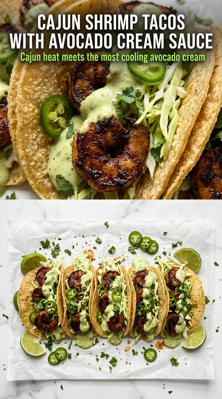 Cajun Shrimp Tacos with Avocado Cream Sauce crispy creamy spicy