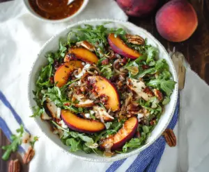 Fresh Caramelized Onion and Juicy Peach Salad on a bed of Peppery Arugula