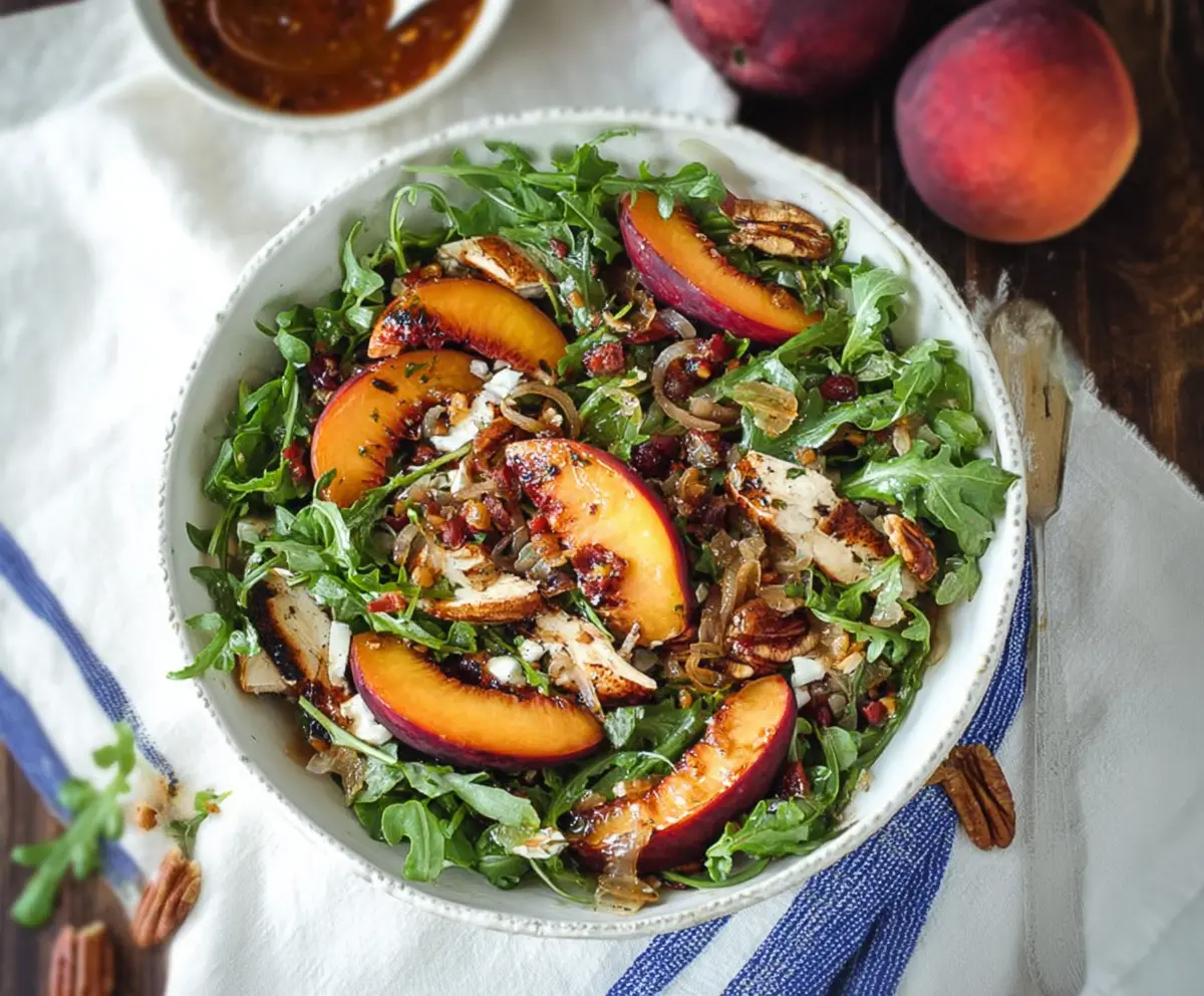 Fresh Caramelized Onion and Juicy Peach Salad on a bed of Peppery Arugula
