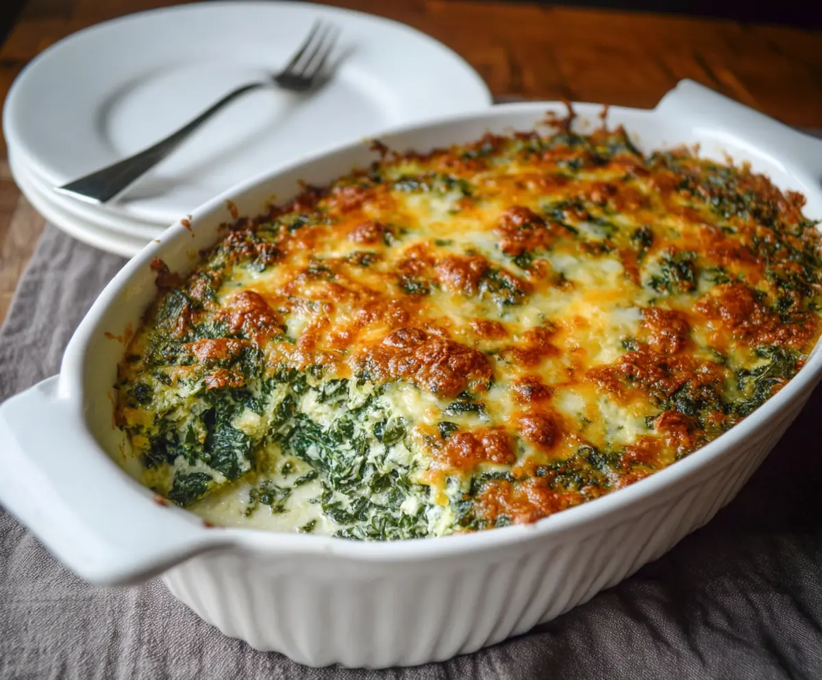 Delicious Cheesy Italian Spinach Bake with melted cheese and fresh spinach in a baking dish.