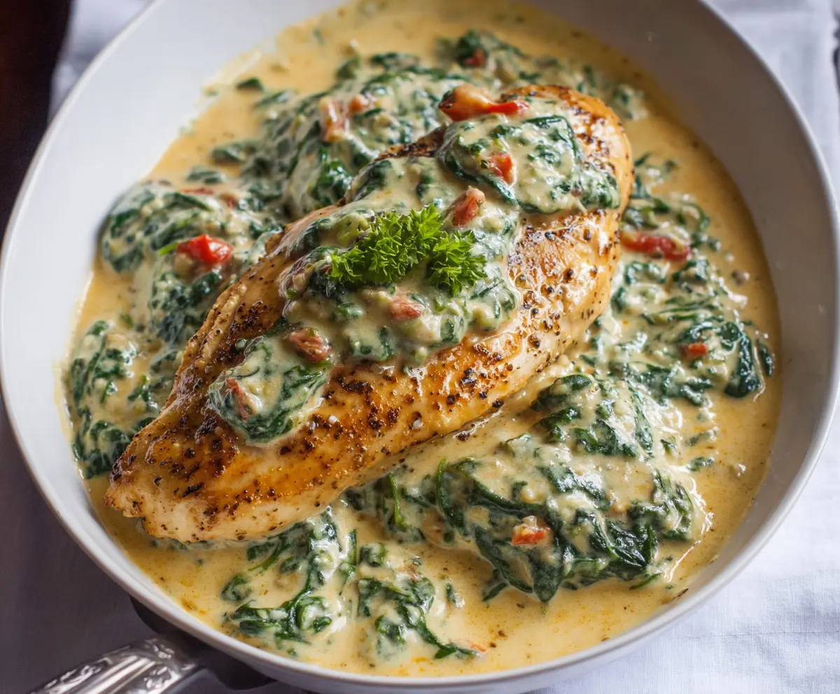 Juicy chicken breast served with creamy spinach Parmesan sauce on a white plate.