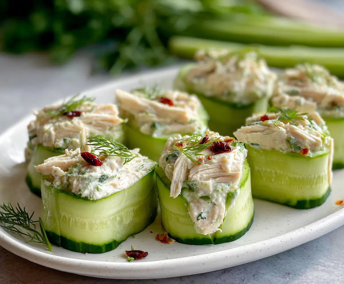 Fresh chicken salad cucumber roll ups garnished with herbs on a white plate.