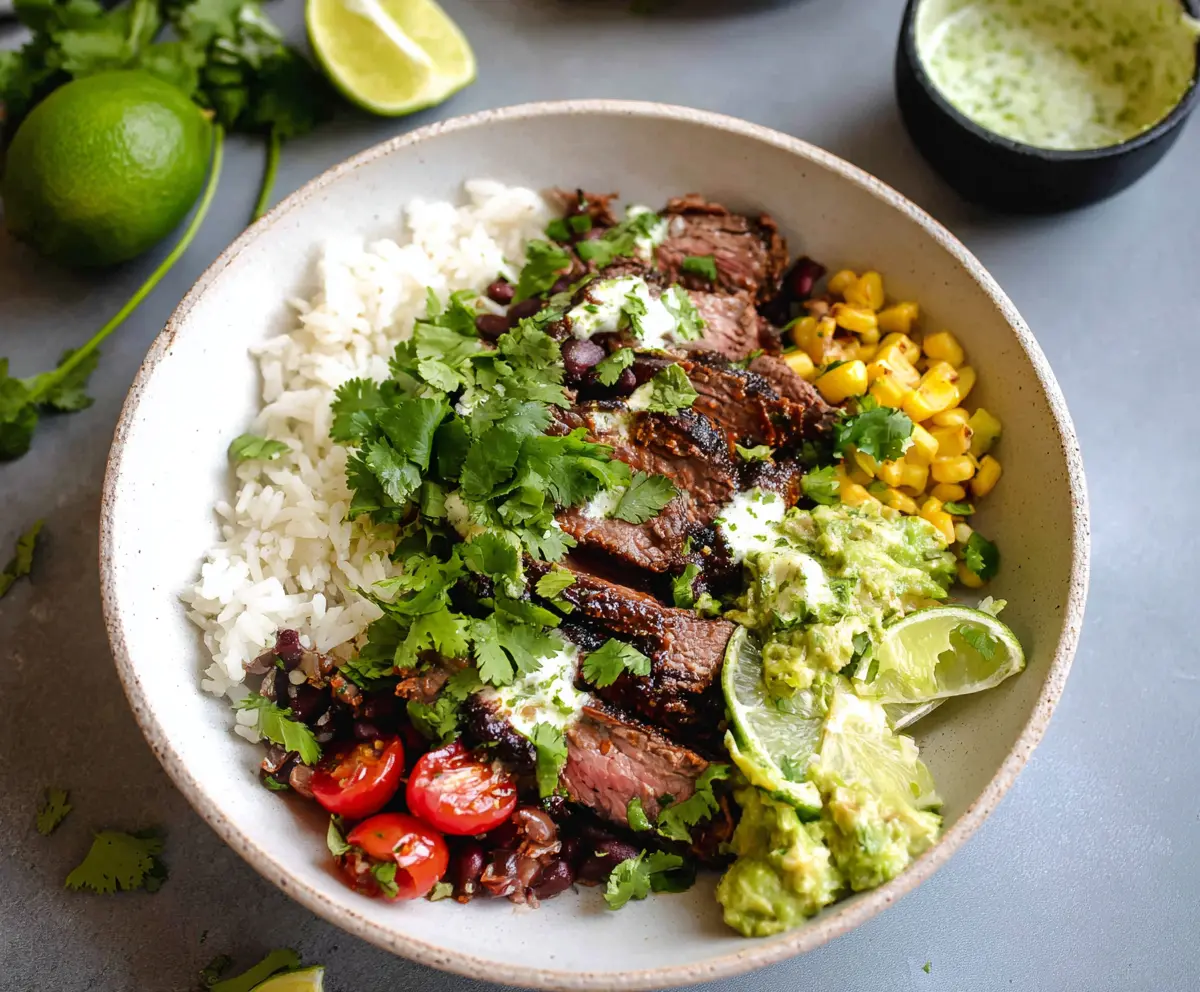 Delicious cilantro lime steak served over rice in a vibrant bowl