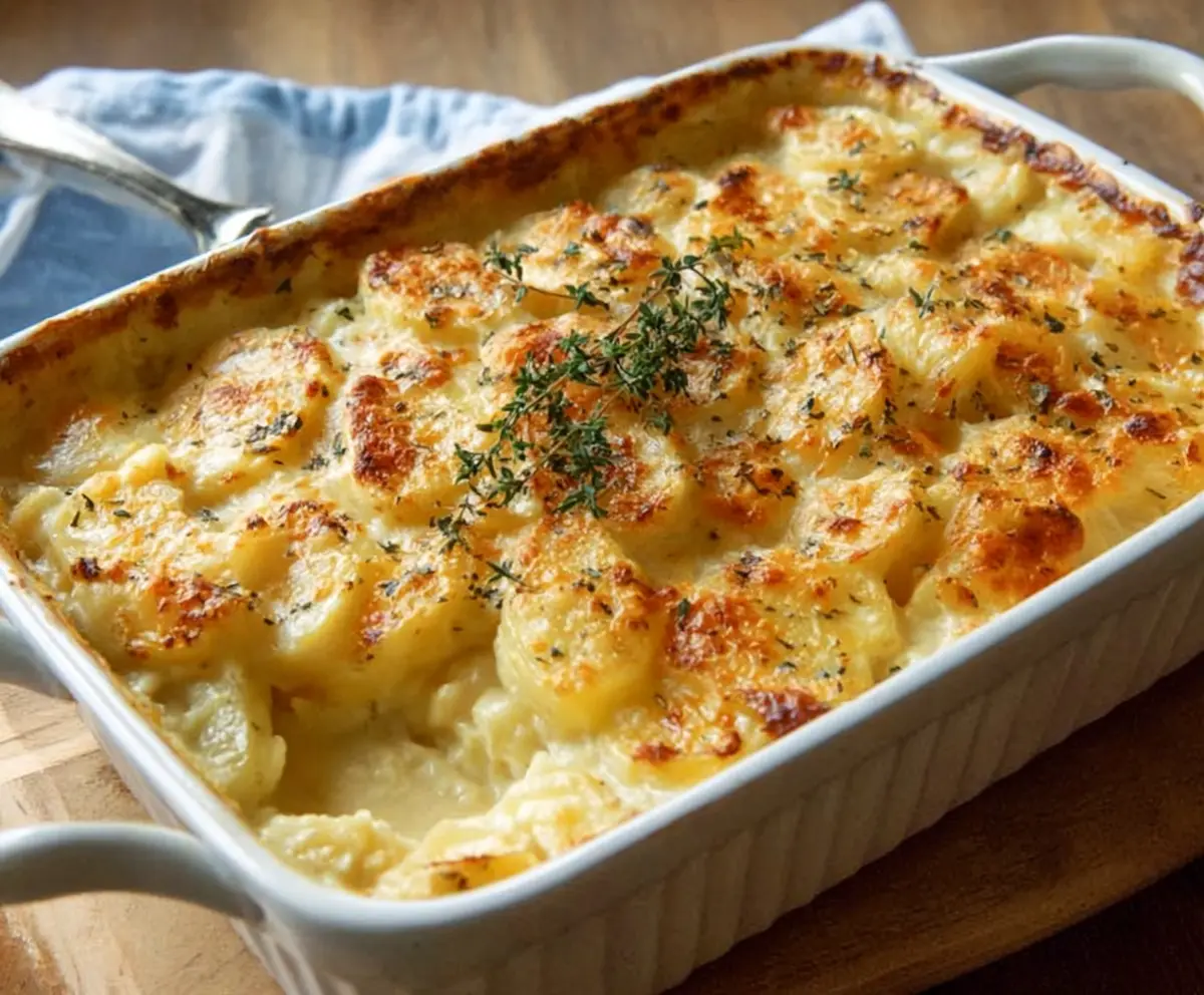 Delicious creamy cheddar potato bake with melted cheese and golden crust, perfect for comfort food lovers.