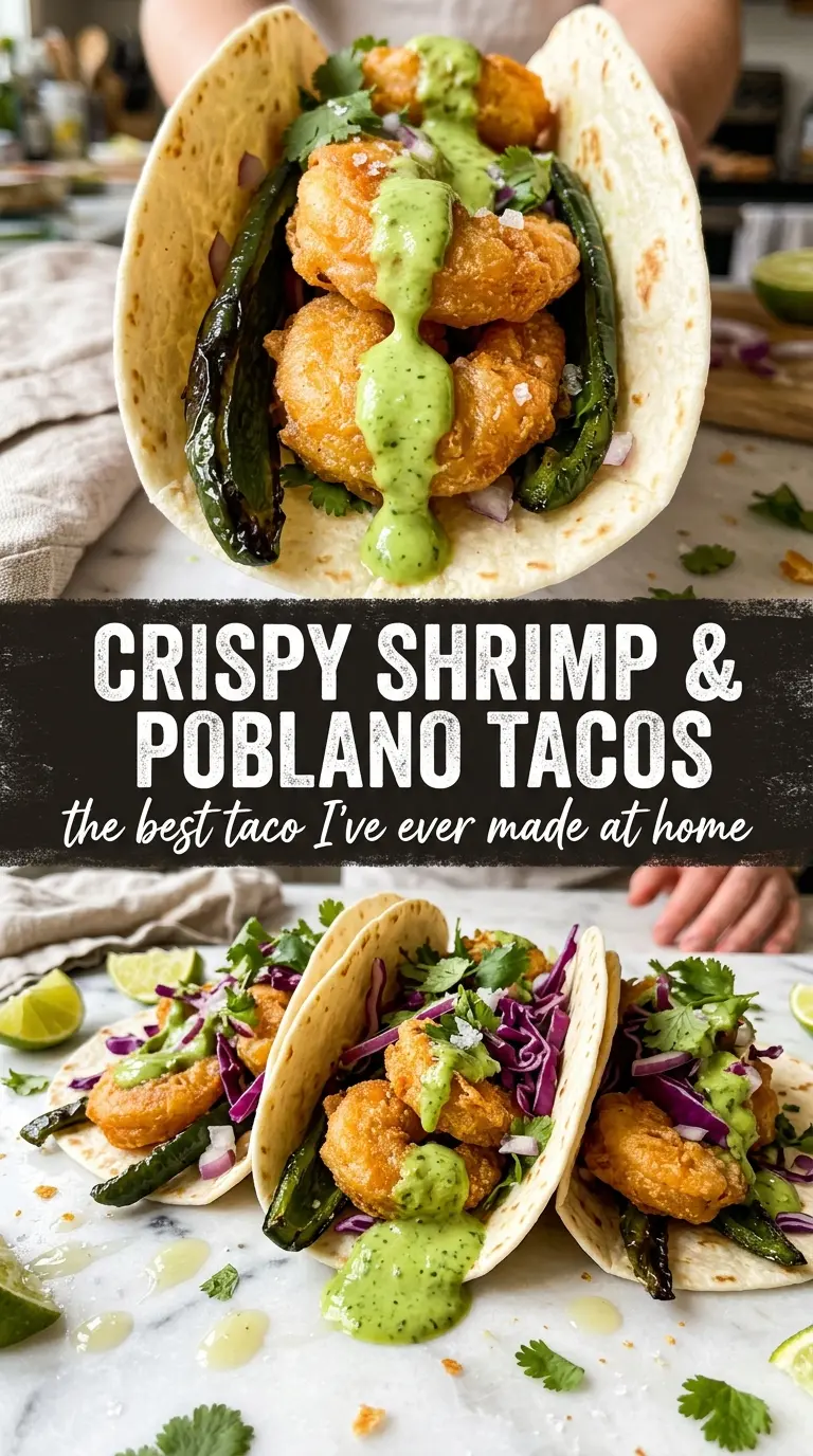 Crispy shrimp and poblano tacos avocado cilantro sauce