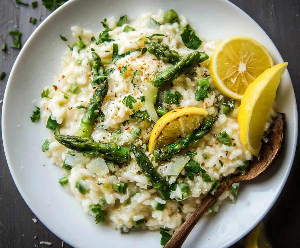 Creamy Lemon Asparagus Risotto served in a bowl, garnished with lemon zest and fresh asparagus spears.