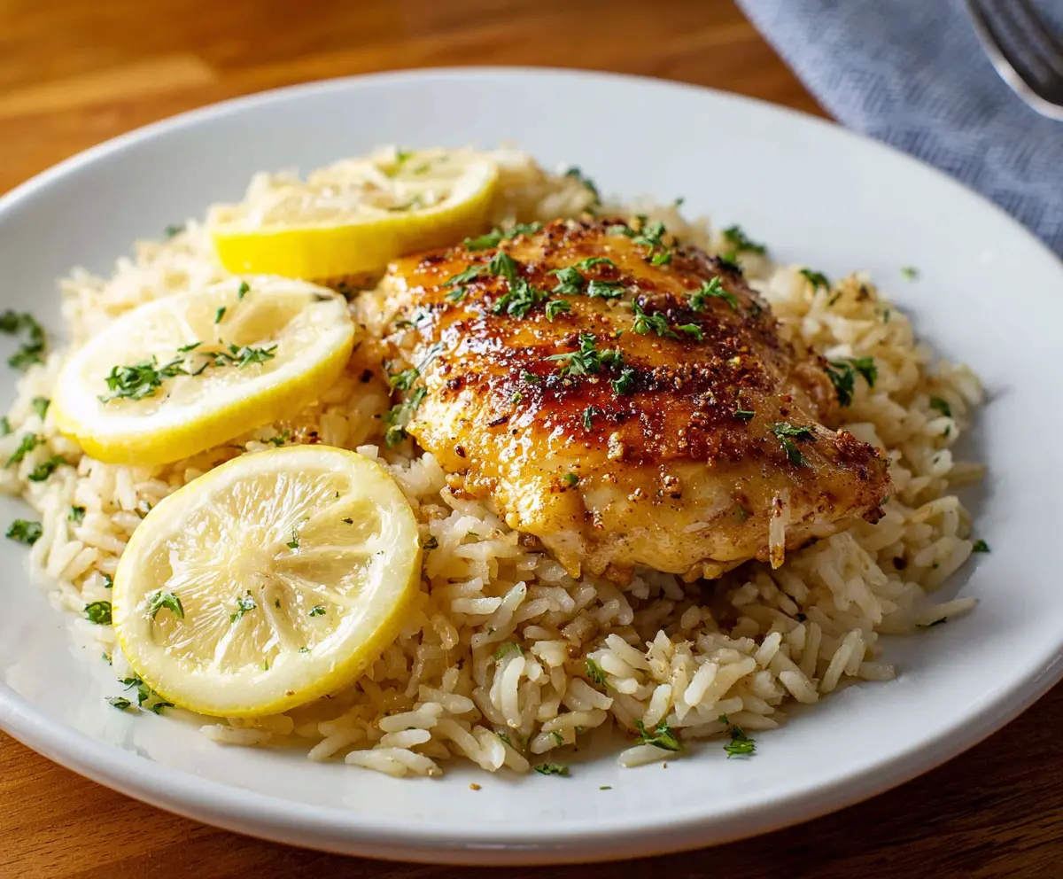 Delicious lemon chicken served over rice, garnished with fresh herbs.