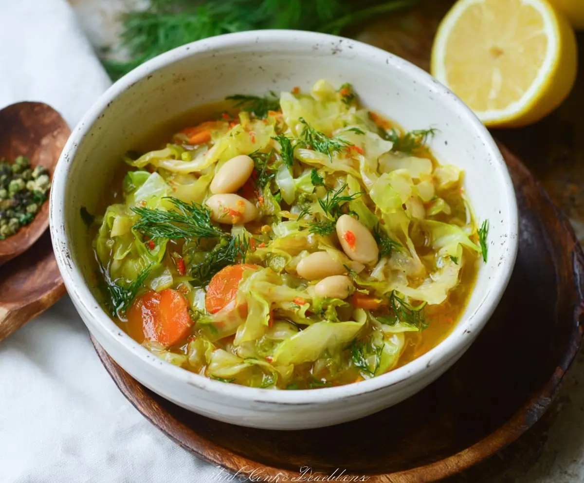 Healthy Lemon Dill Cabbage Soup in a bowl with fresh lemon and herbs