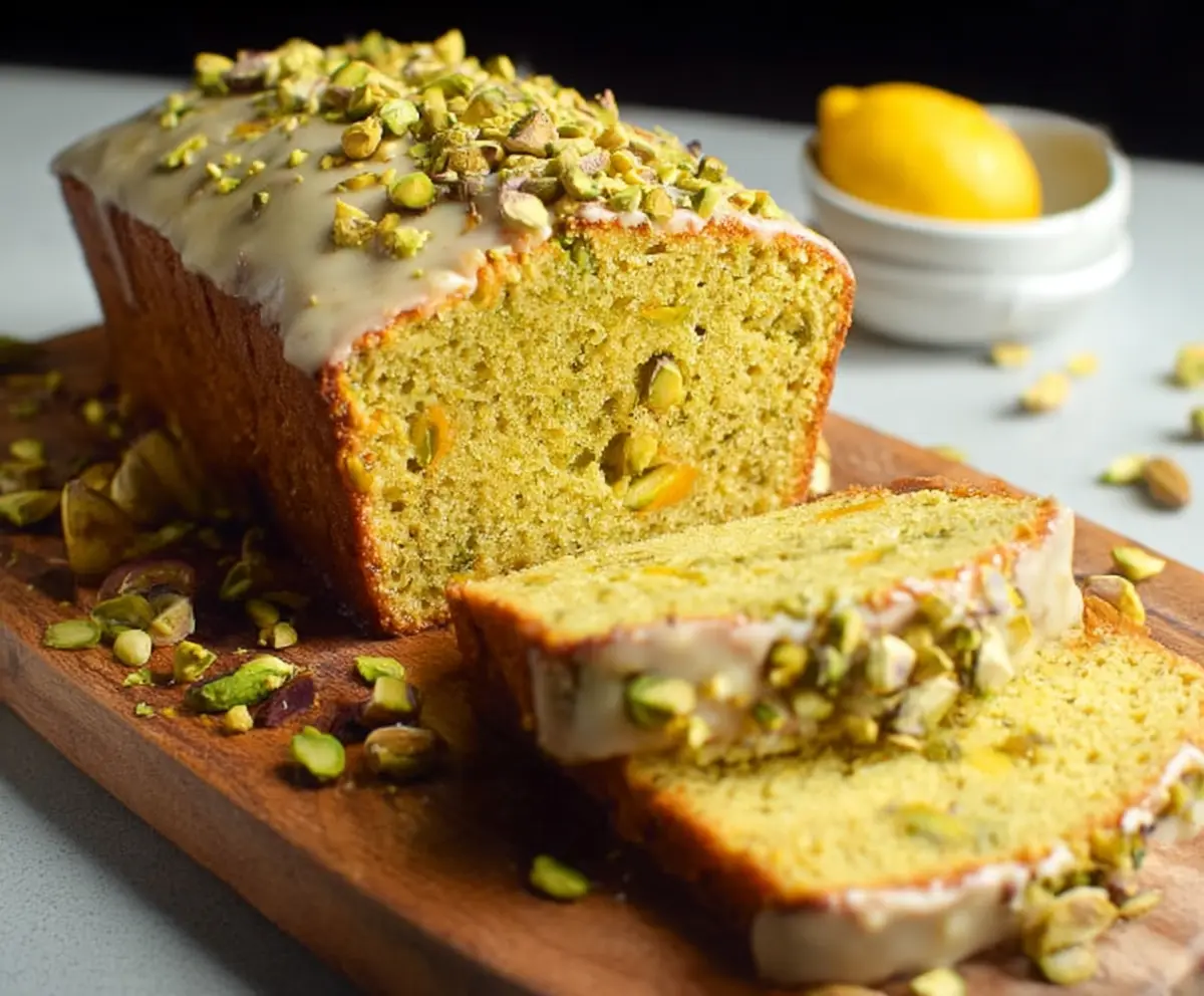 Delicious Pistachio Lemon Pound Cake garnished with fresh lemon slices and crushed pistachios.