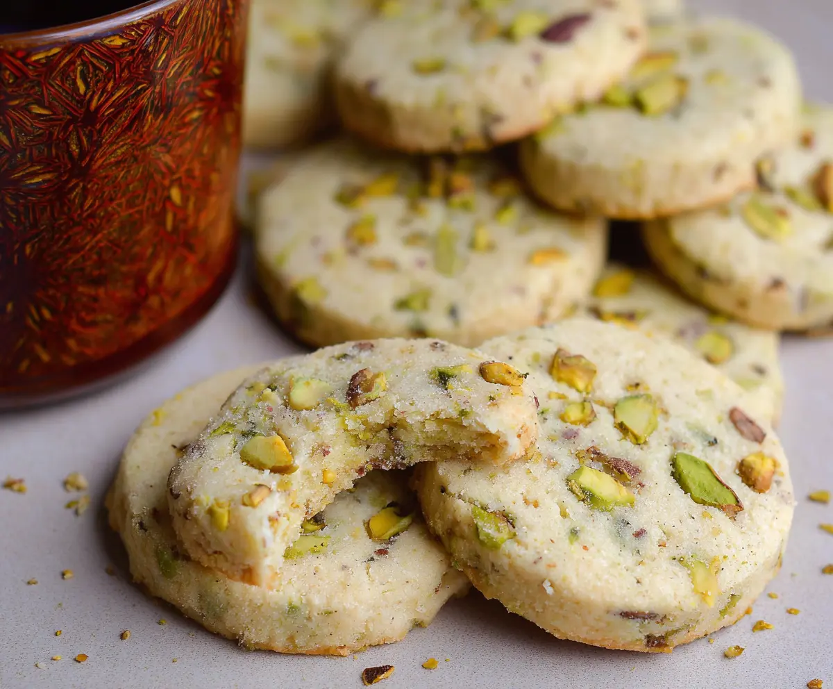 Delicious pistachio shortbread cookies on a rustic serving plate, perfect for festive occasions.