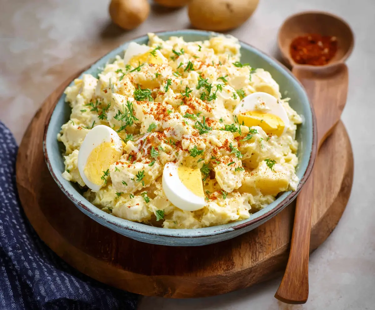Creamy homemade potato salad with herbs and fresh vegetables