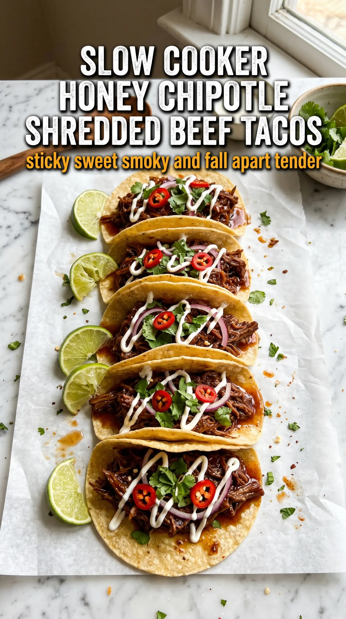 Slow Cooker Honey Chipotle Shredded Beef Tacos glossy smoky tender