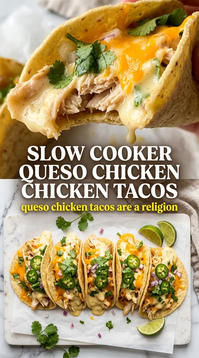 Slow Cooker Queso Chicken Tacos creamy shredded chicken