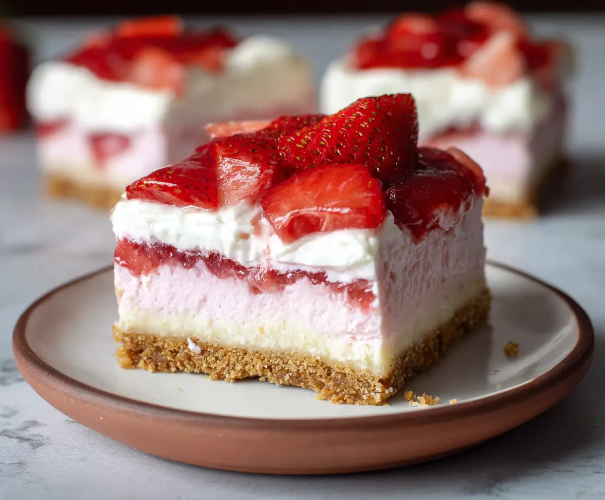 Delicious strawberry cheesecake bars with a creamy filling and a crunchy graham cracker crust.