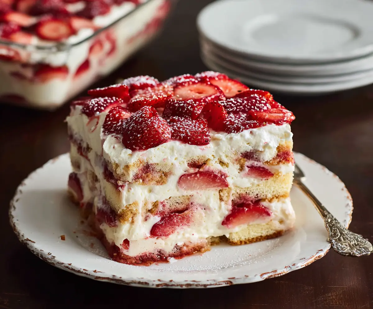 Delicious strawberry tiramisu dessert with layers of fresh strawberries and creamy mascarpone cheese.