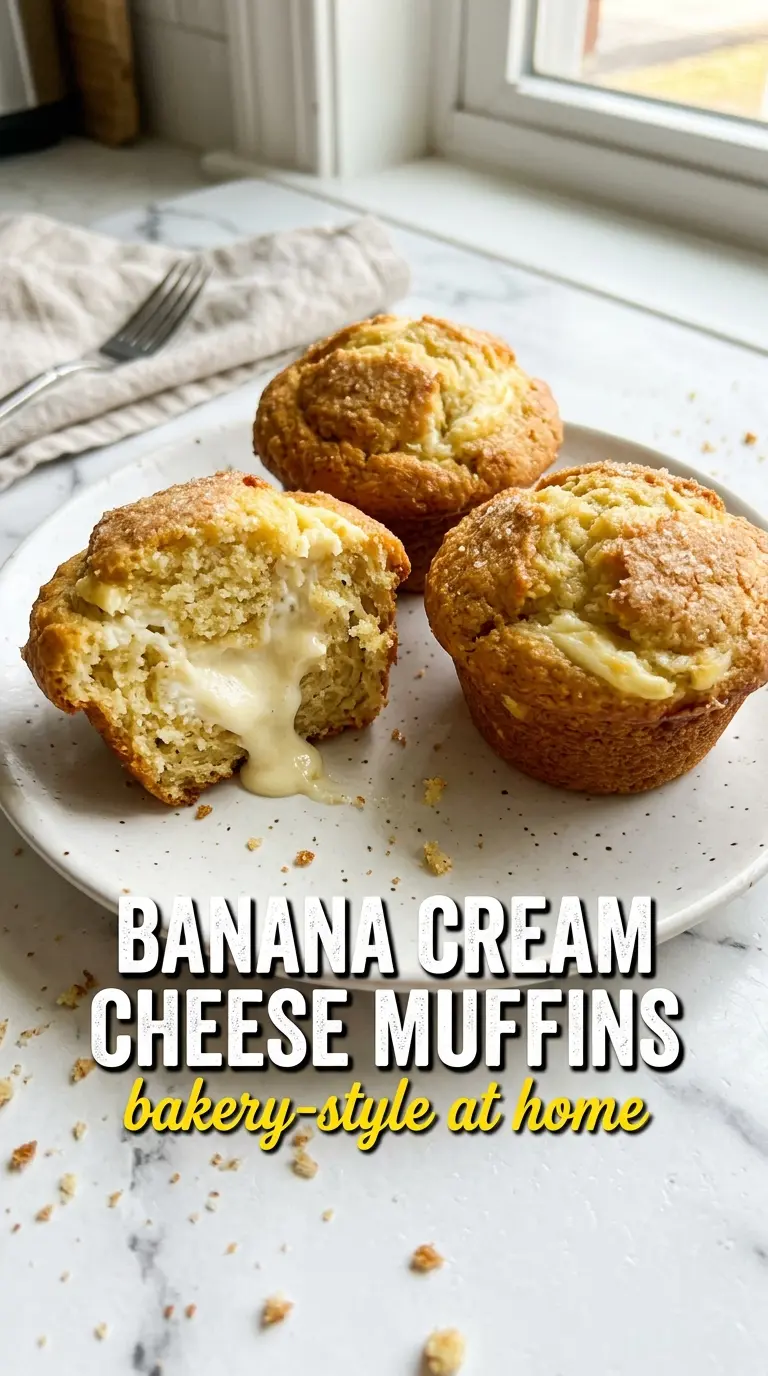 Banana Cream Cheese Muffins golden stuffed, bakery-style