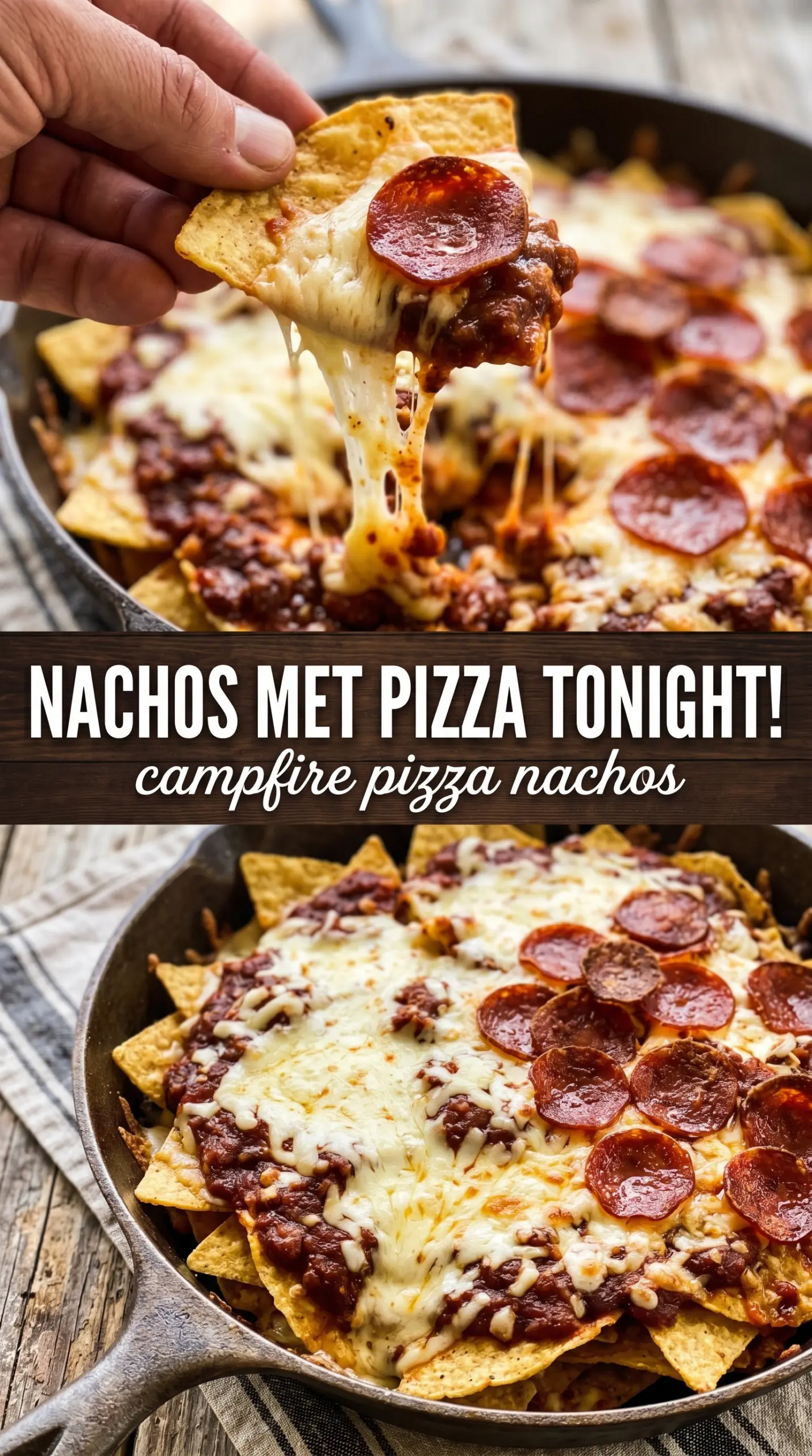 Campfire Pizza Nachos melty cheesy pepperoni