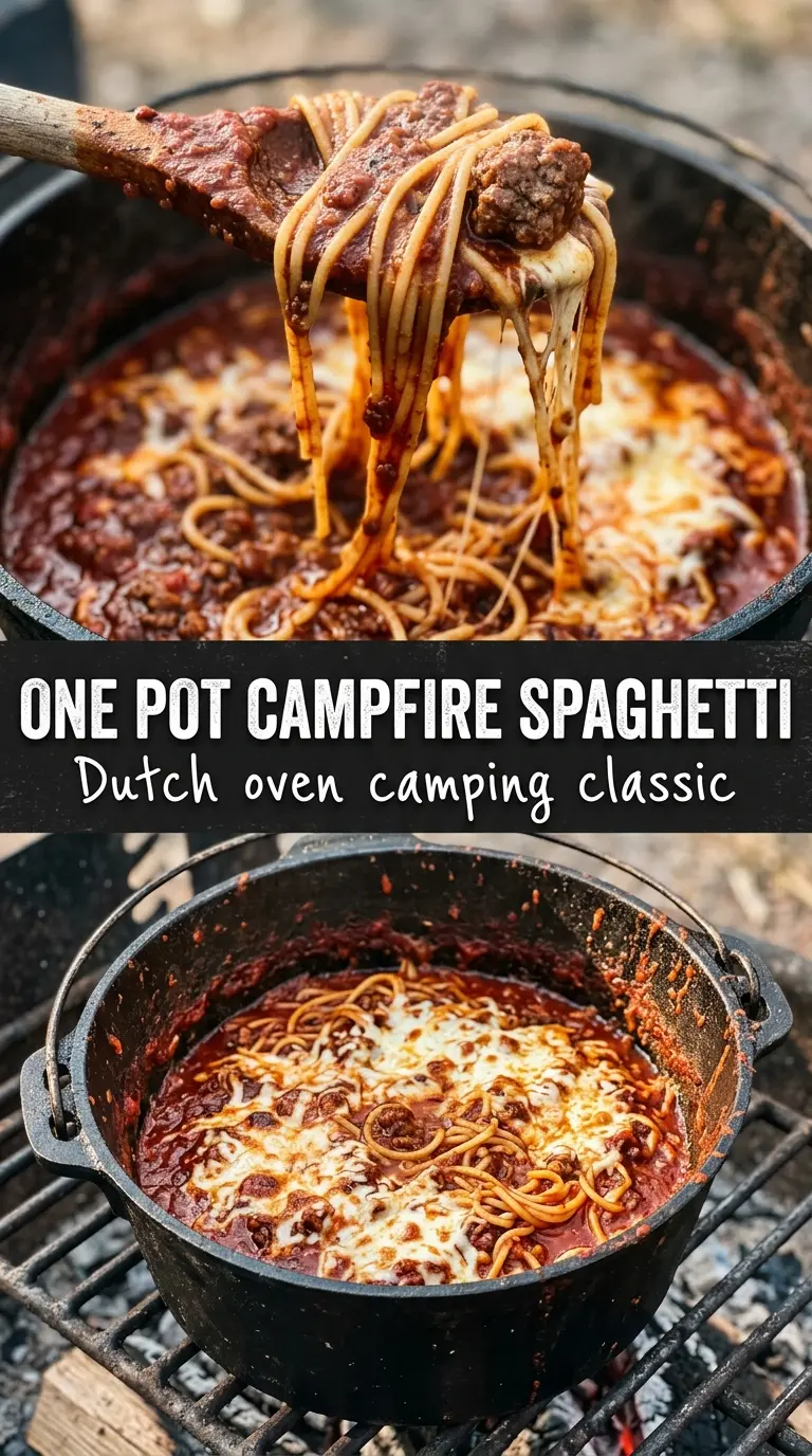 Campfire Spaghetti Bake cheesy baked pasta bubbly Dutch oven