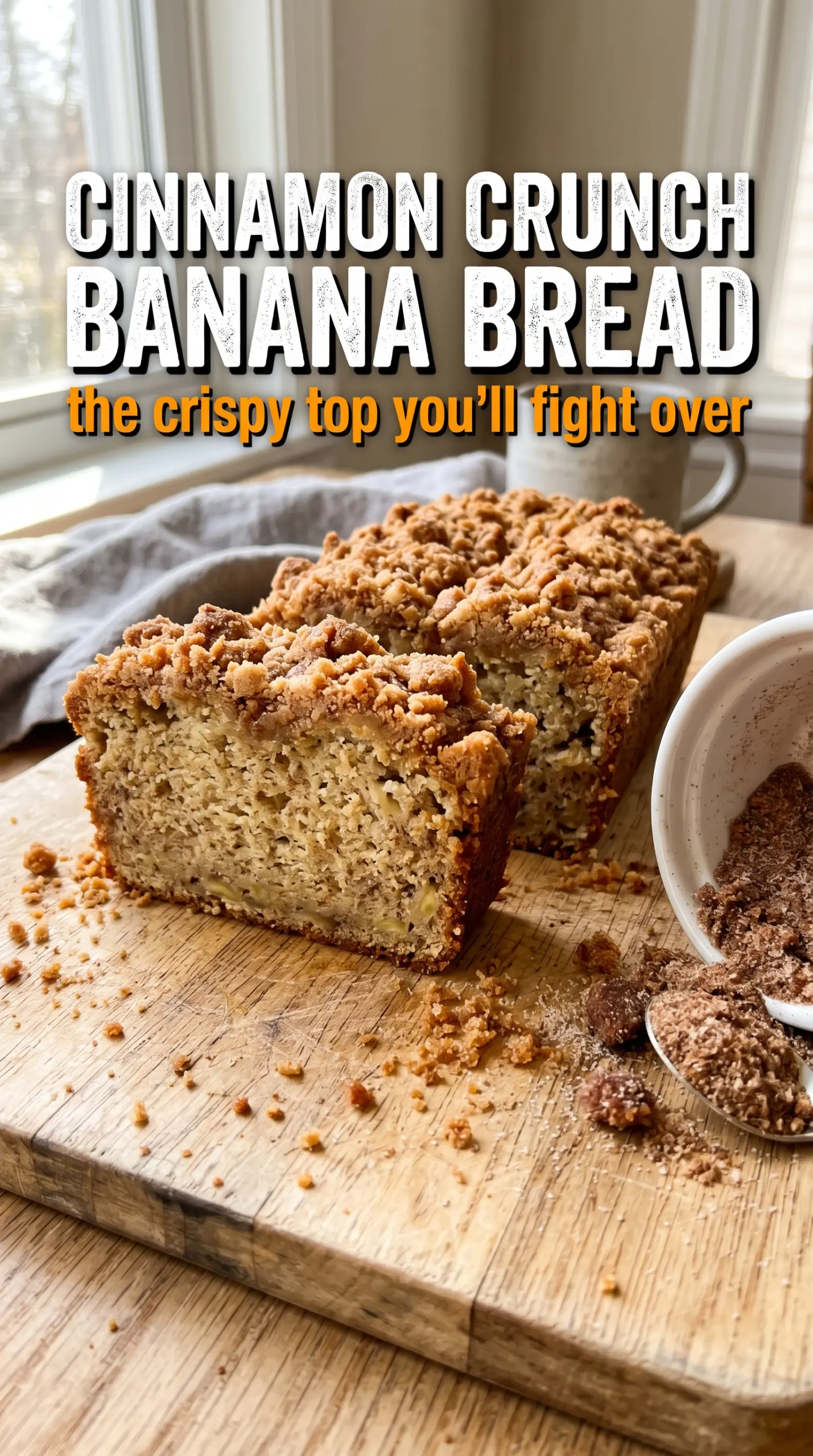 Cinnamon Crunch Banana Bread, crunchy topping, moist crumb