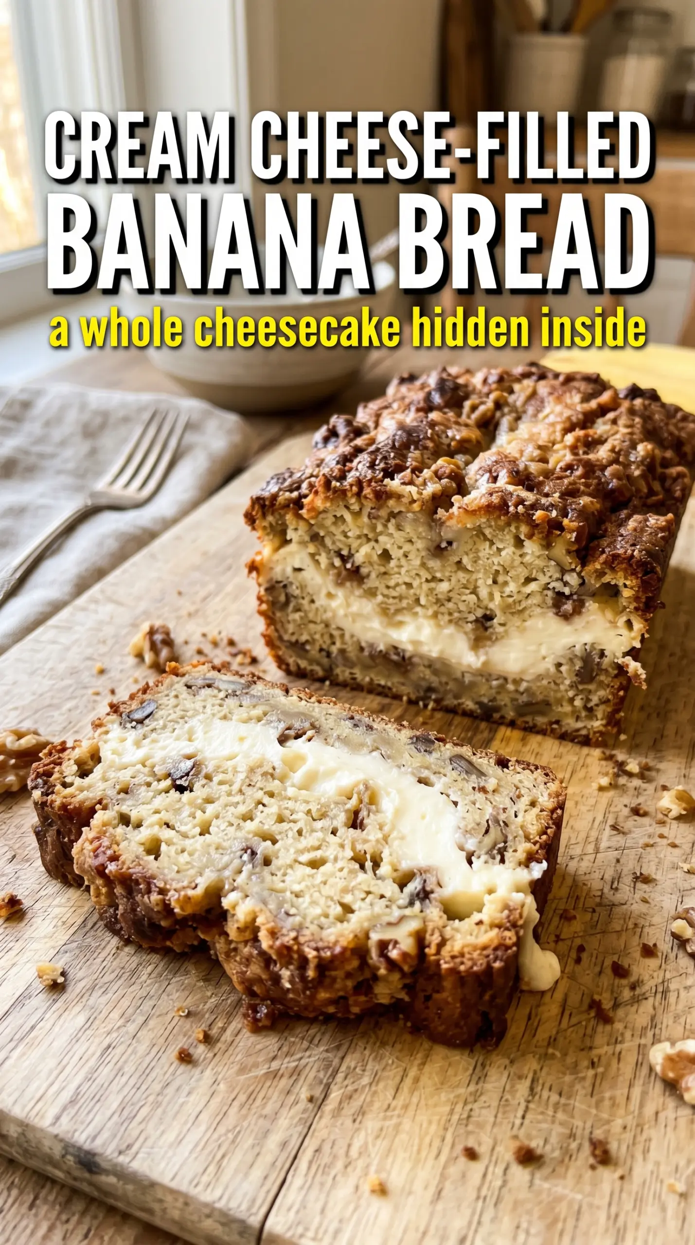 Cream Cheese-Filled Banana Bread creamy center moist loaf