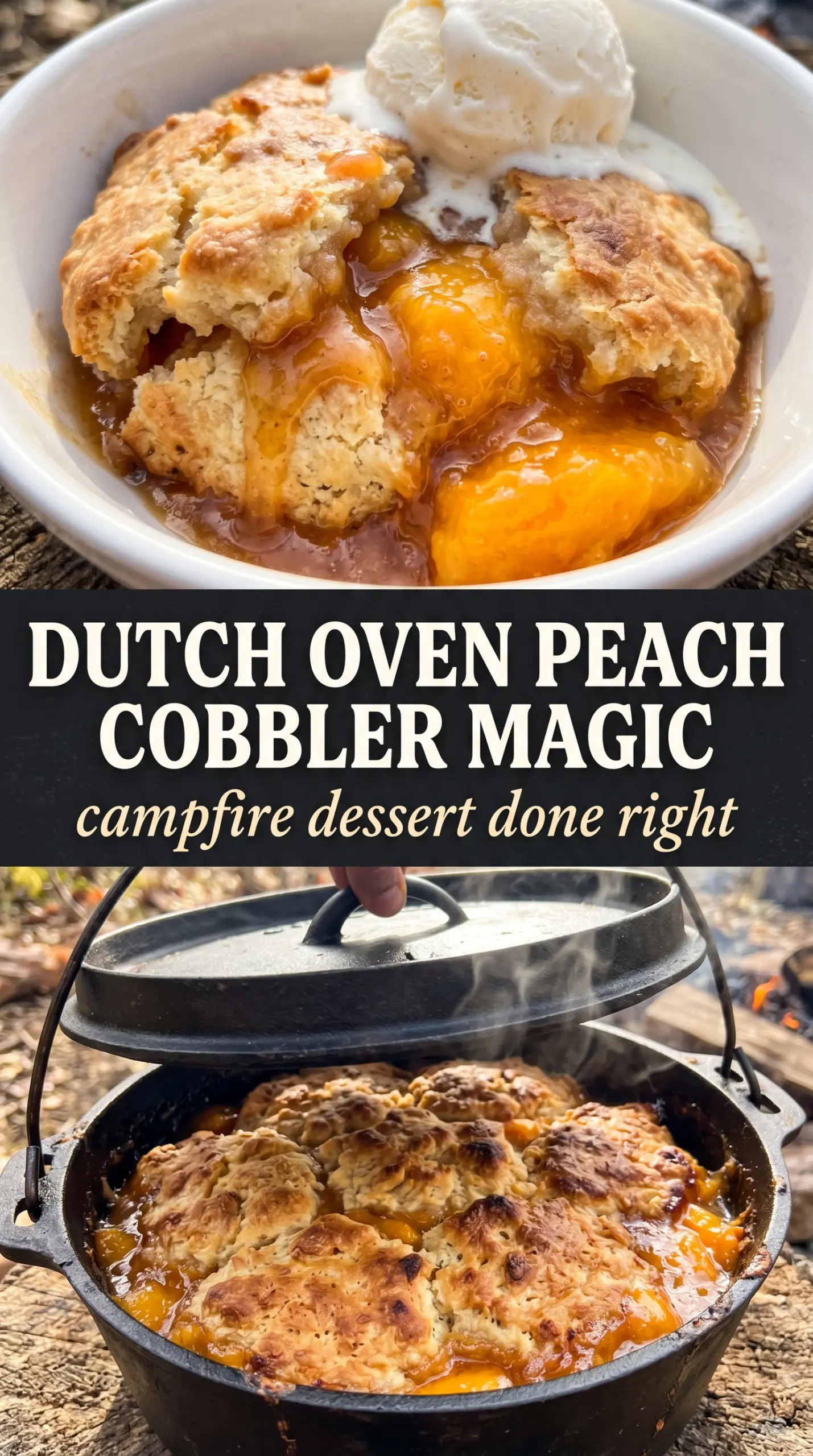 Dutch Oven Peach Cobbler golden bubbling