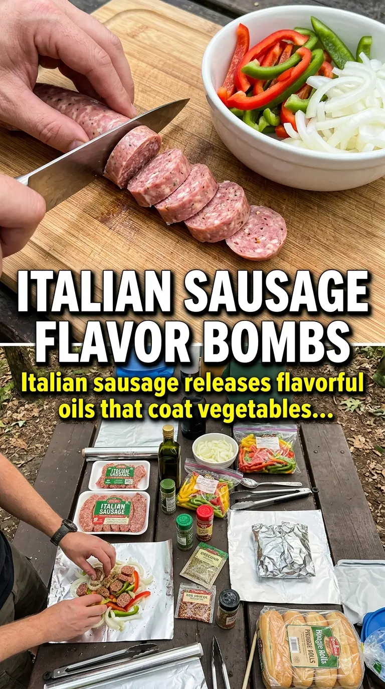 Foil packet sausage and peppers juicy colorful