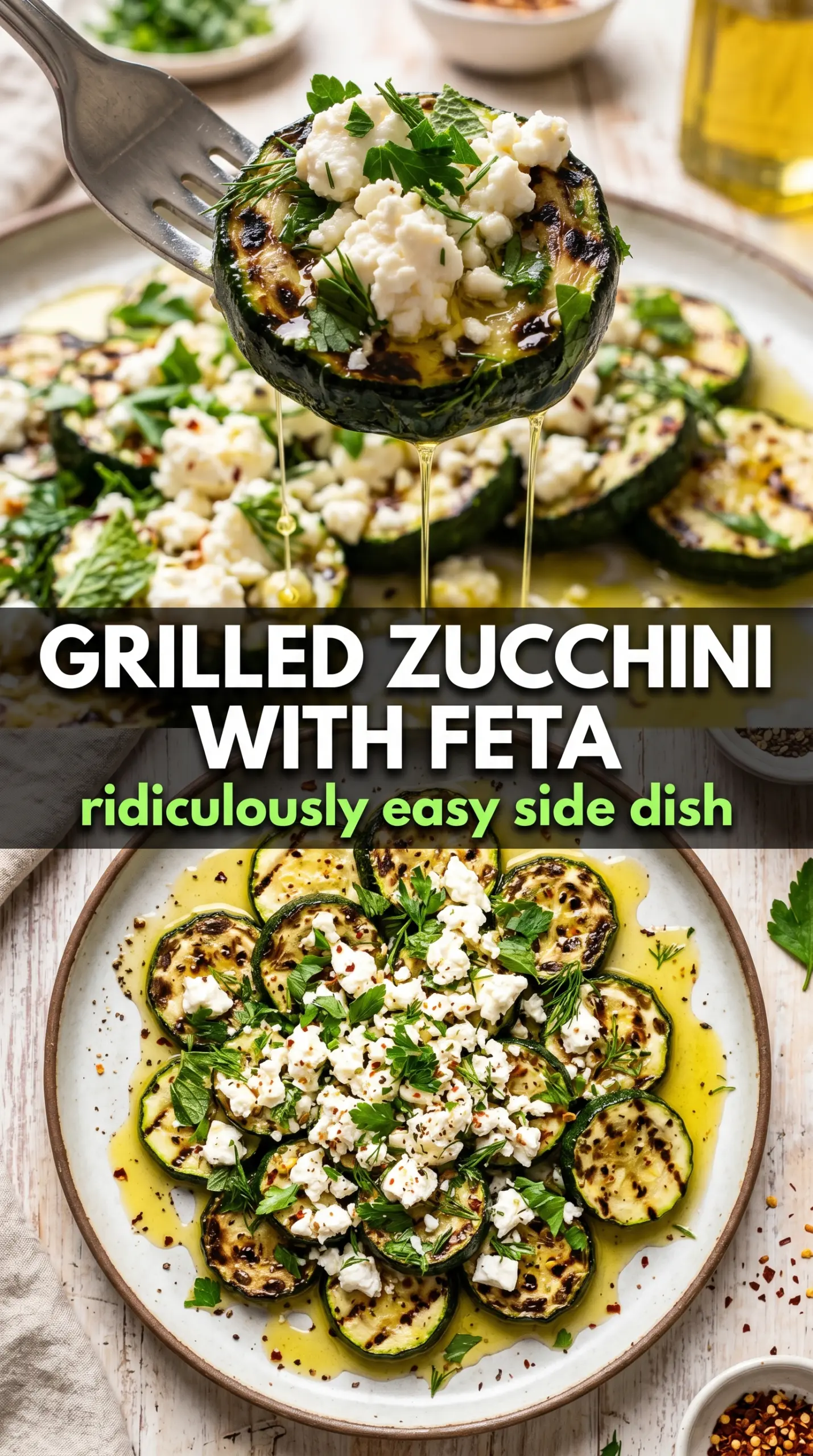 Grilled zucchini with feta cheese, charred, minty, Mediterranean