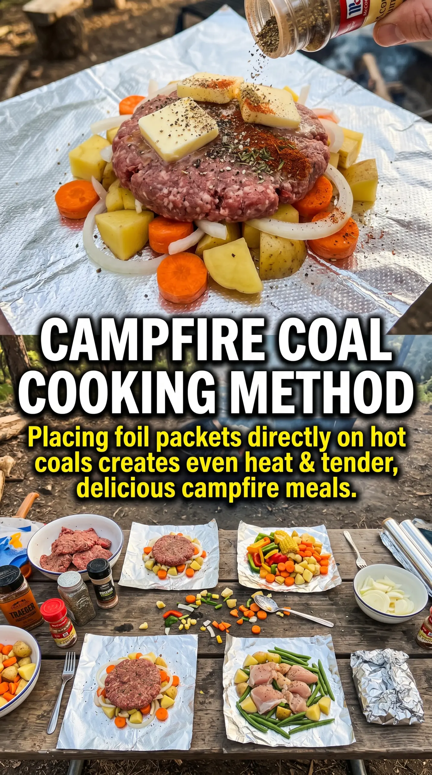 Hobo dinner foil packets, campfire meal, tender vegetables