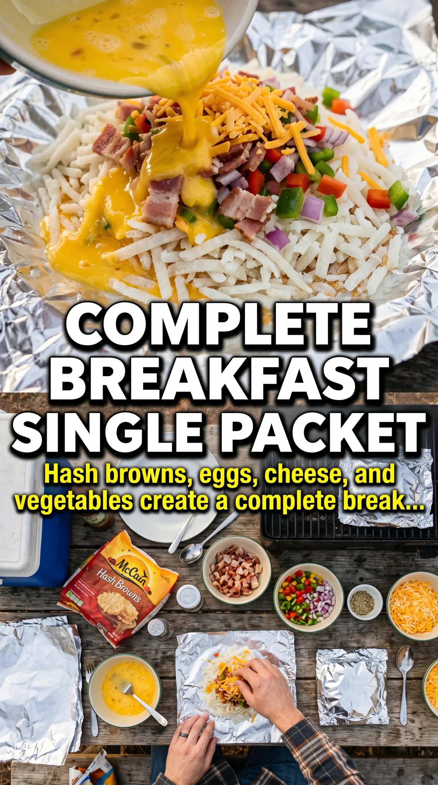 Loaded Grilled Hash Brown Omelets crisp cheesy camping breakfast